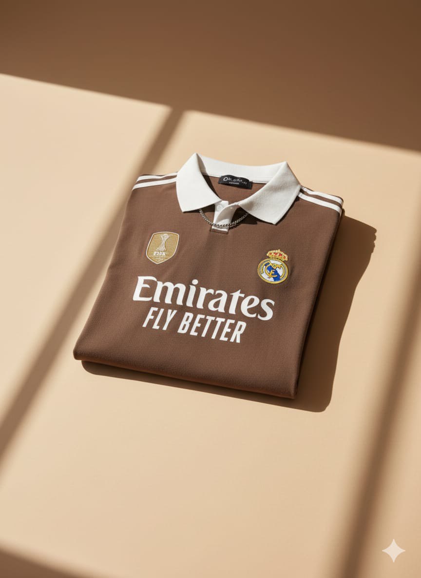 تيشيرت ريال مدريد البني بياقة بيضاء | Emirates Fly Better