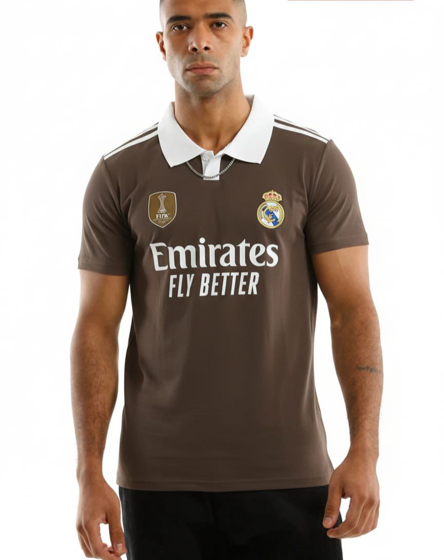 تيشيرت ريال مدريد البني بياقة بيضاء | Emirates Fly Better