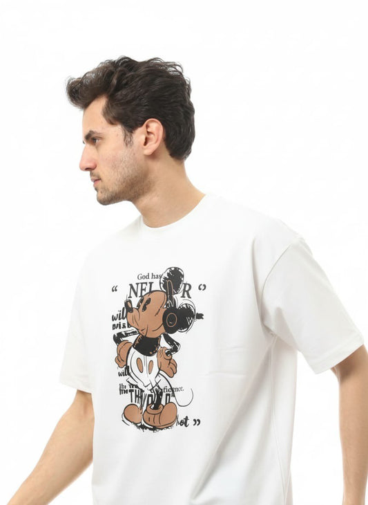 تيشيرت أبيض مطبوع بتصميم كرتوني عصري – قطن مريح وخفيف