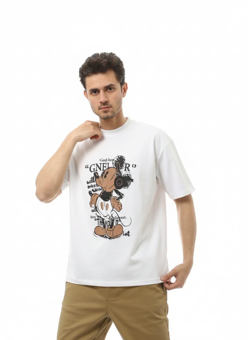 تيشيرت أبيض مطبوع بتصميم كرتوني عصري – قطن مريح وخفيف